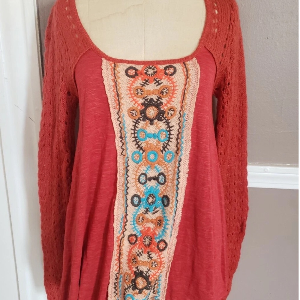 Free People Burnt Orange Scoop Neck Sweater with Embroidered Panel
